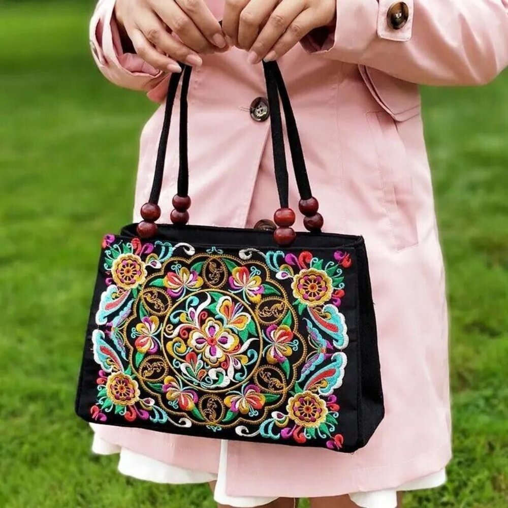 Women's Stylish Floral Embroidered Tote Handbag, Trendy Zipper Canvas Bag - Picture 6 of 6